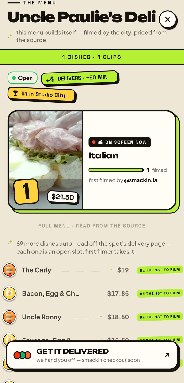 The smackin button menu — dishes read off creator video, with prices and the clip that proves it